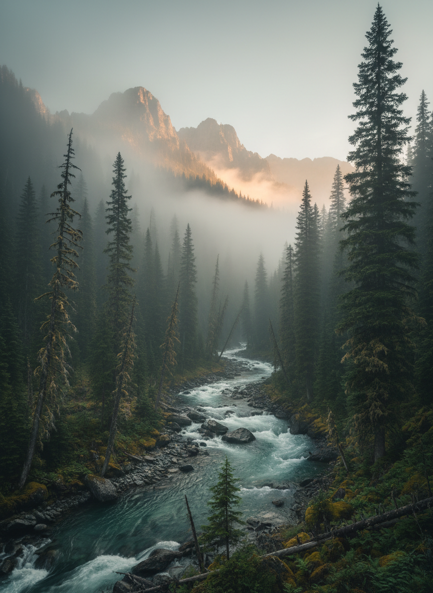 Atmospheric outdoor scene of a rugged mountain river valley with fog and tall pine trees, soft diffused morning light, moody cinematic wilderness, deep greens and warm amber highlights, textured natural environment, no people